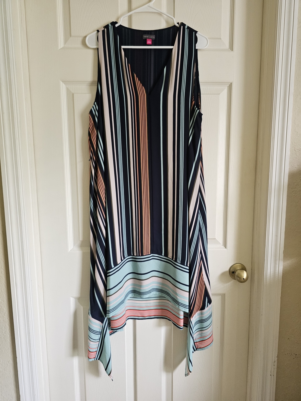Vince Camuto Women's L Multi-Stripe Sleeveless Handkerchief Hem Dress